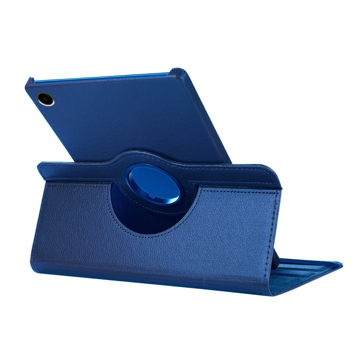 Funda de tableta azul con una tableta dentro. La funda está abierta, sosteniendo la tableta en posición vertical.