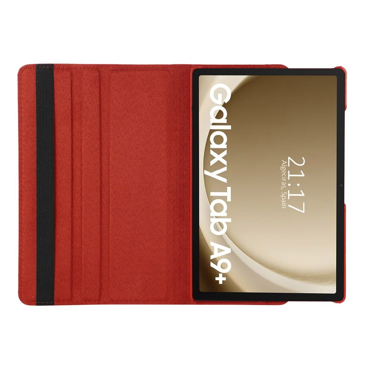 Funda roja de tableta abierta, pantalla visible. Banda elástica negra a la izquierda.