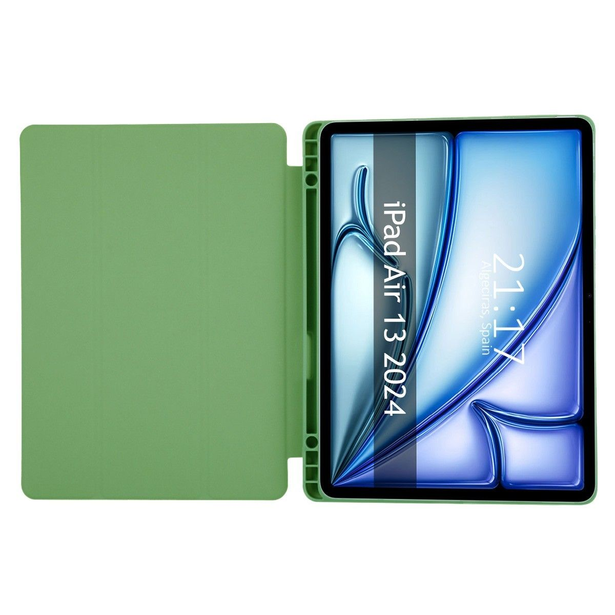 Un iPad Air 13 2024 en una funda verde, abierto, mostrando una pantalla azul y blanca.