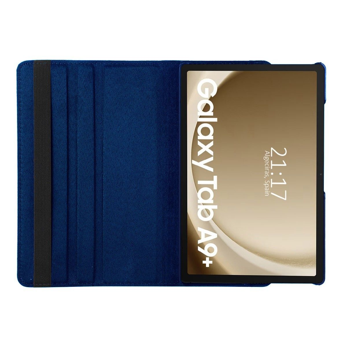Funda azul para tableta con tapa abierta. Tableta muestra 'Galaxy Tab A9+' y la hora.
