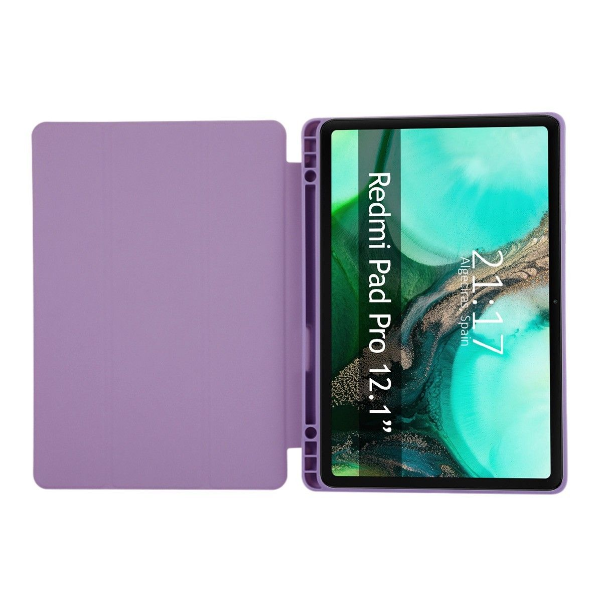 Tableta morada con la funda abierta. La pantalla muestra la hora y el nombre de la tableta.