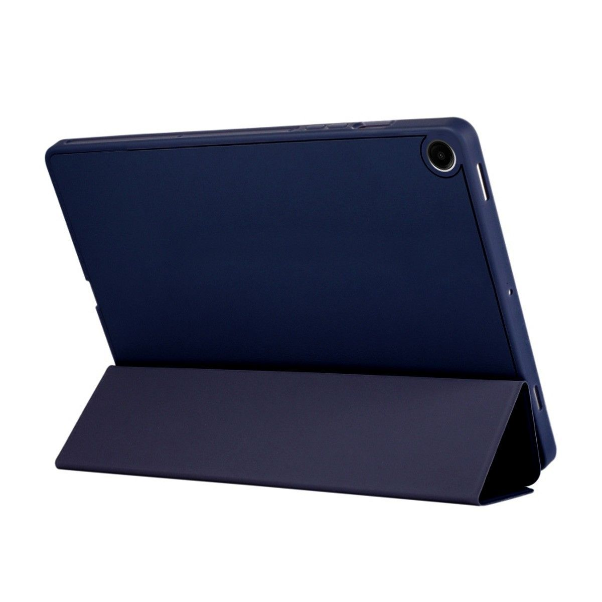 Tableta azul oscuro con una cubierta azul oscuro abierta. Cámara visible.