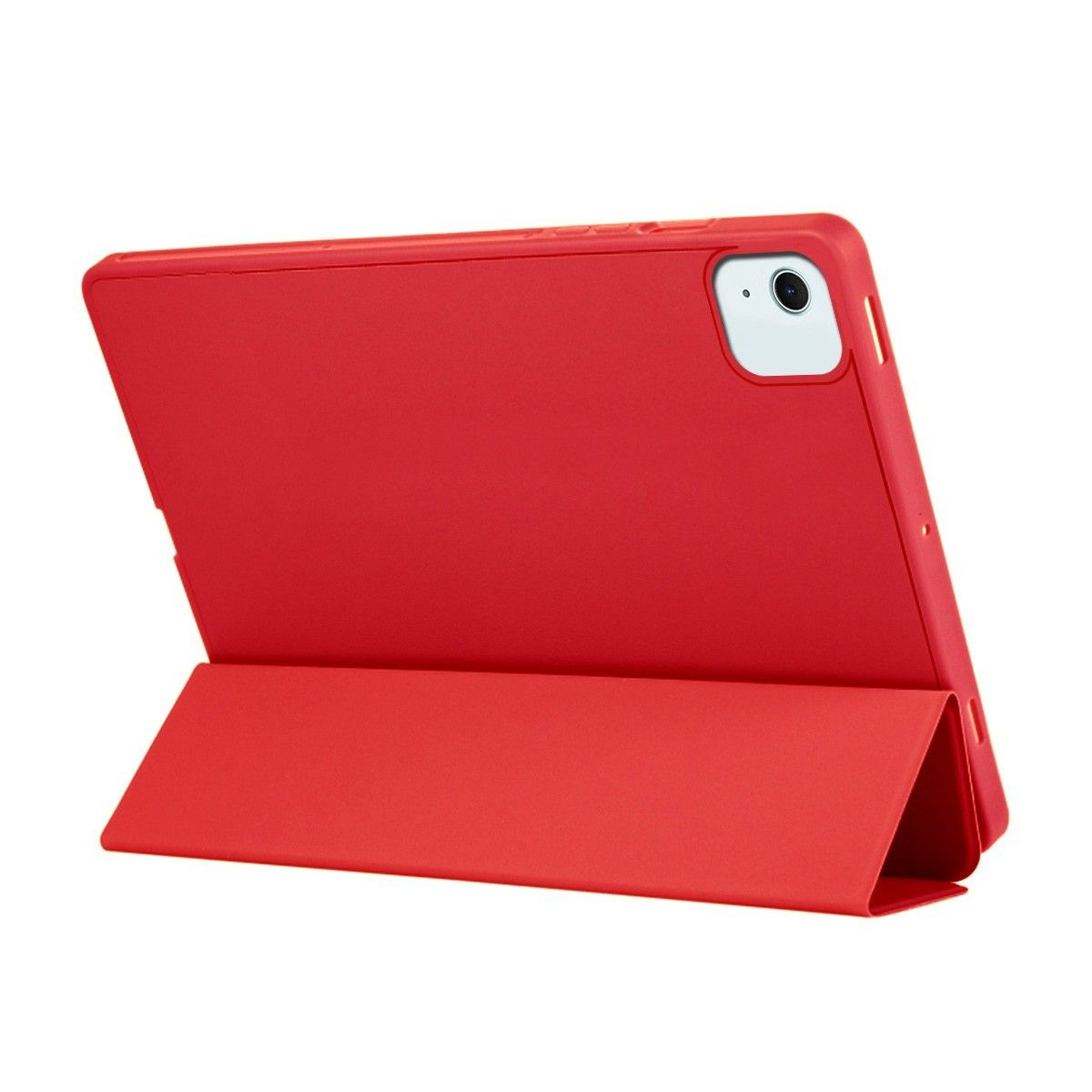 Funda roja para iPad, abierta, apoyada. Tableta roja visible. Fondo blanco.