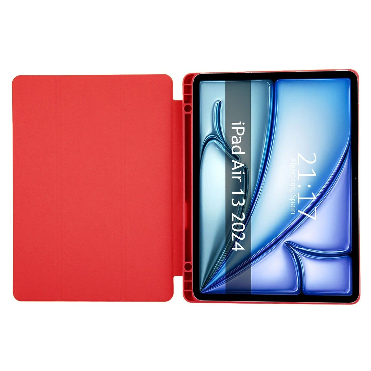 Funda de tableta roja abierta, con una tableta dentro. Un reloj es visible en la pantalla.