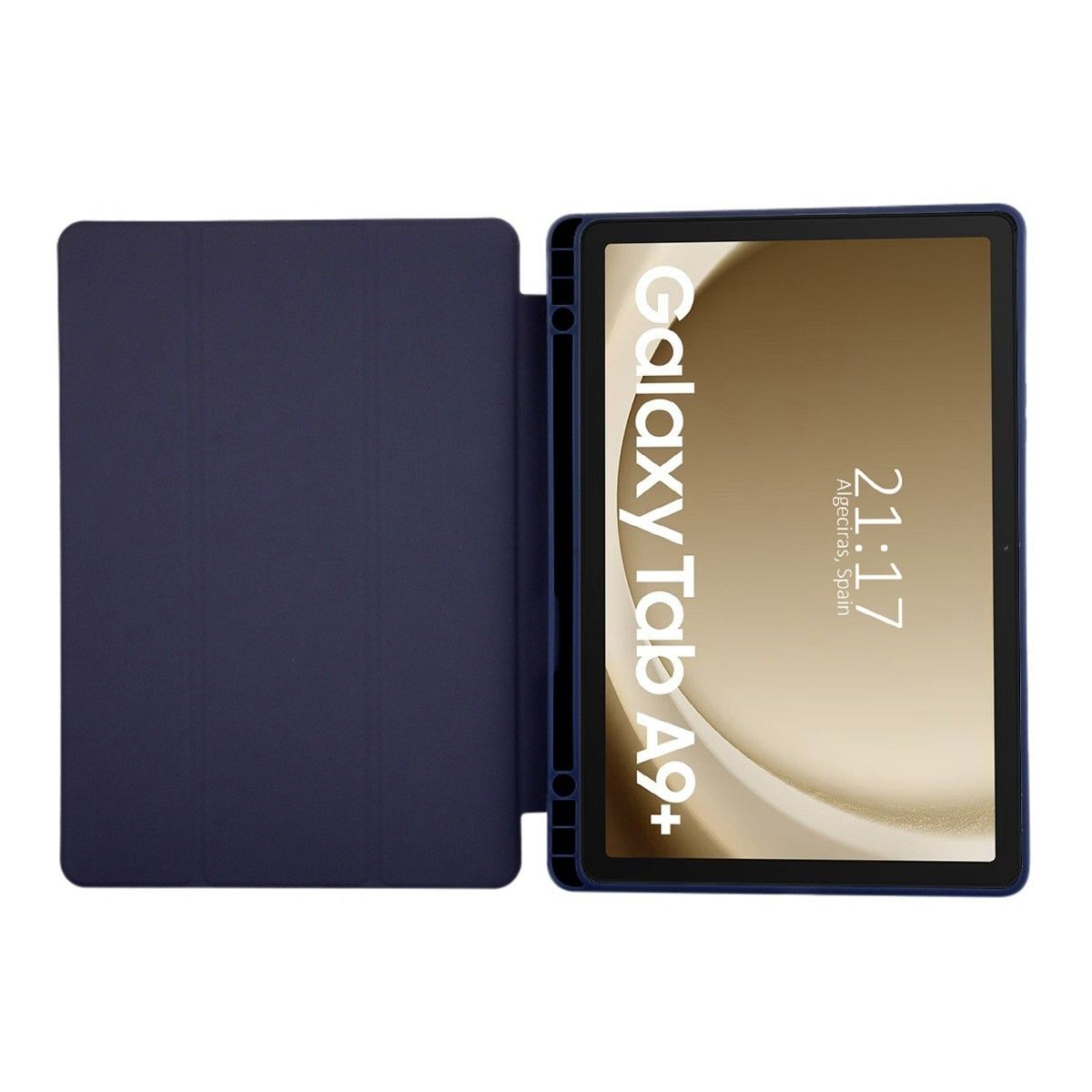 Galaxy Tab A9+ en funda azul, abierto. La pantalla muestra un color dorado.