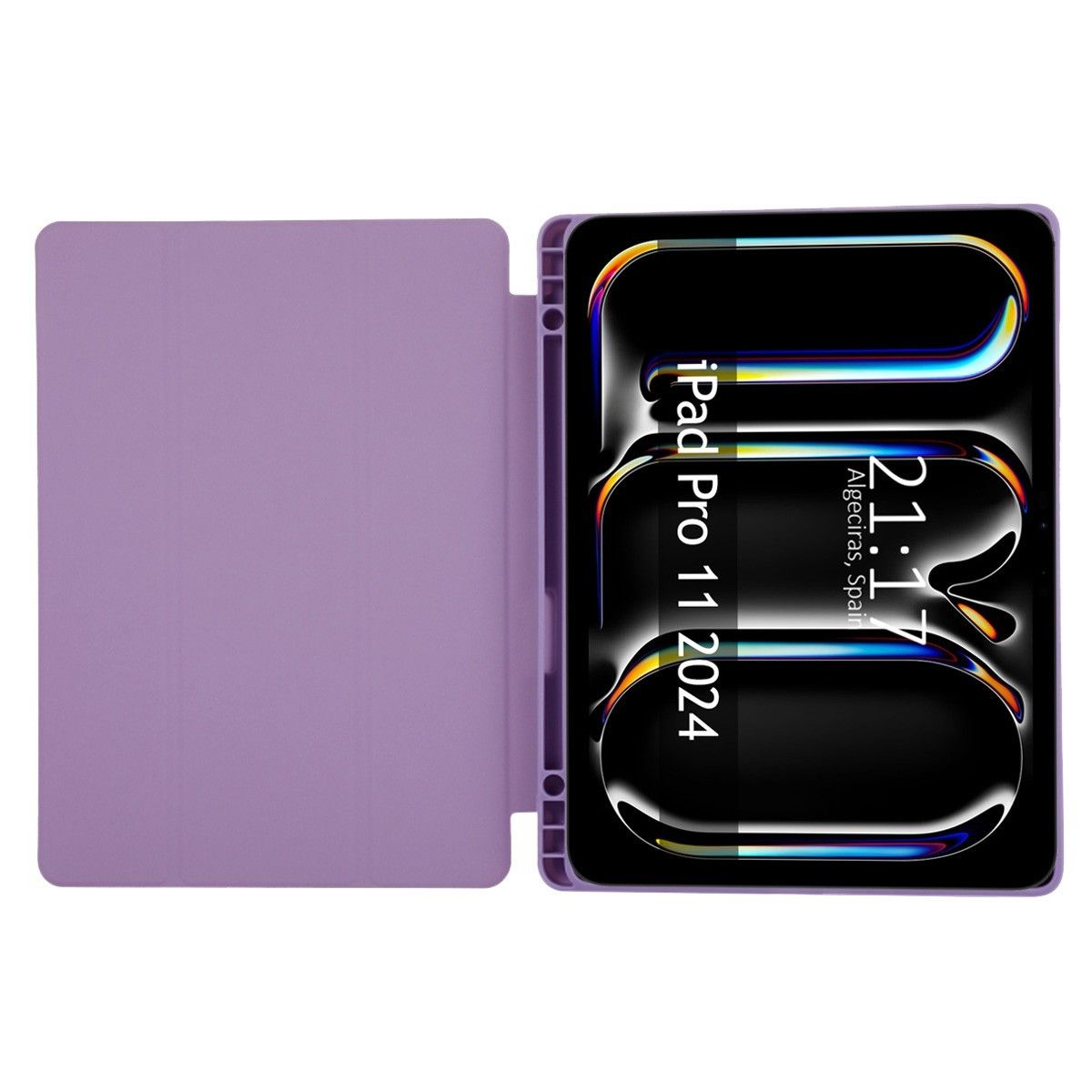 Funda de tableta morada abierta, mostrando la pantalla del iPad Pro con un reloj a las 21:17.