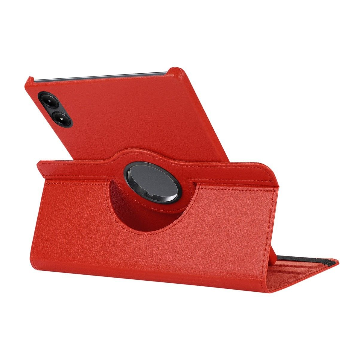 Funda roja para tableta con una tableta dentro, colocada en ángulo, con un anillo negro en el centro.