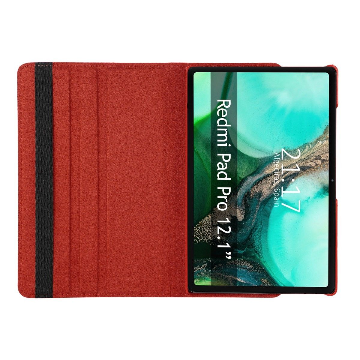 Tableta Redmi Pad Pro en funda roja, abierta. Pantalla muestra hora, ubicación y fondo.