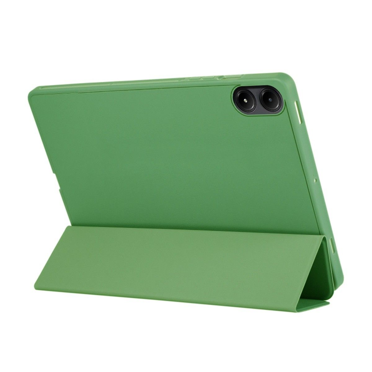 Tableta verde en un estuche verde. La tableta está de pie.