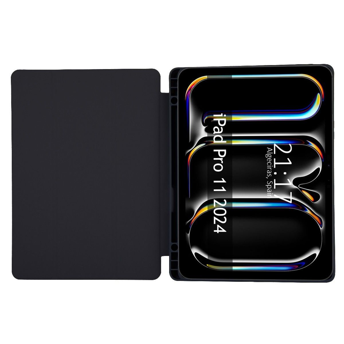 iPad Pro 11 2024 negro con funda abierta. La pantalla muestra una interfaz digital.