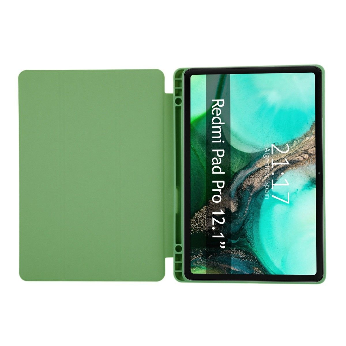 Tableta verde con funda verde. La pantalla muestra un reloj que indica las 21:17.