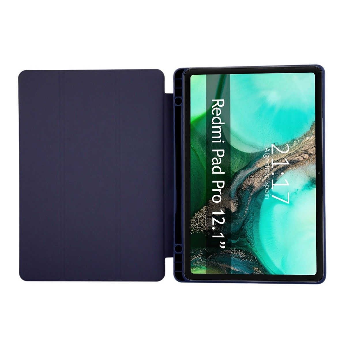 Tableta azul marino, abierta para revelar la pantalla. La pantalla muestra un reloj y texto.