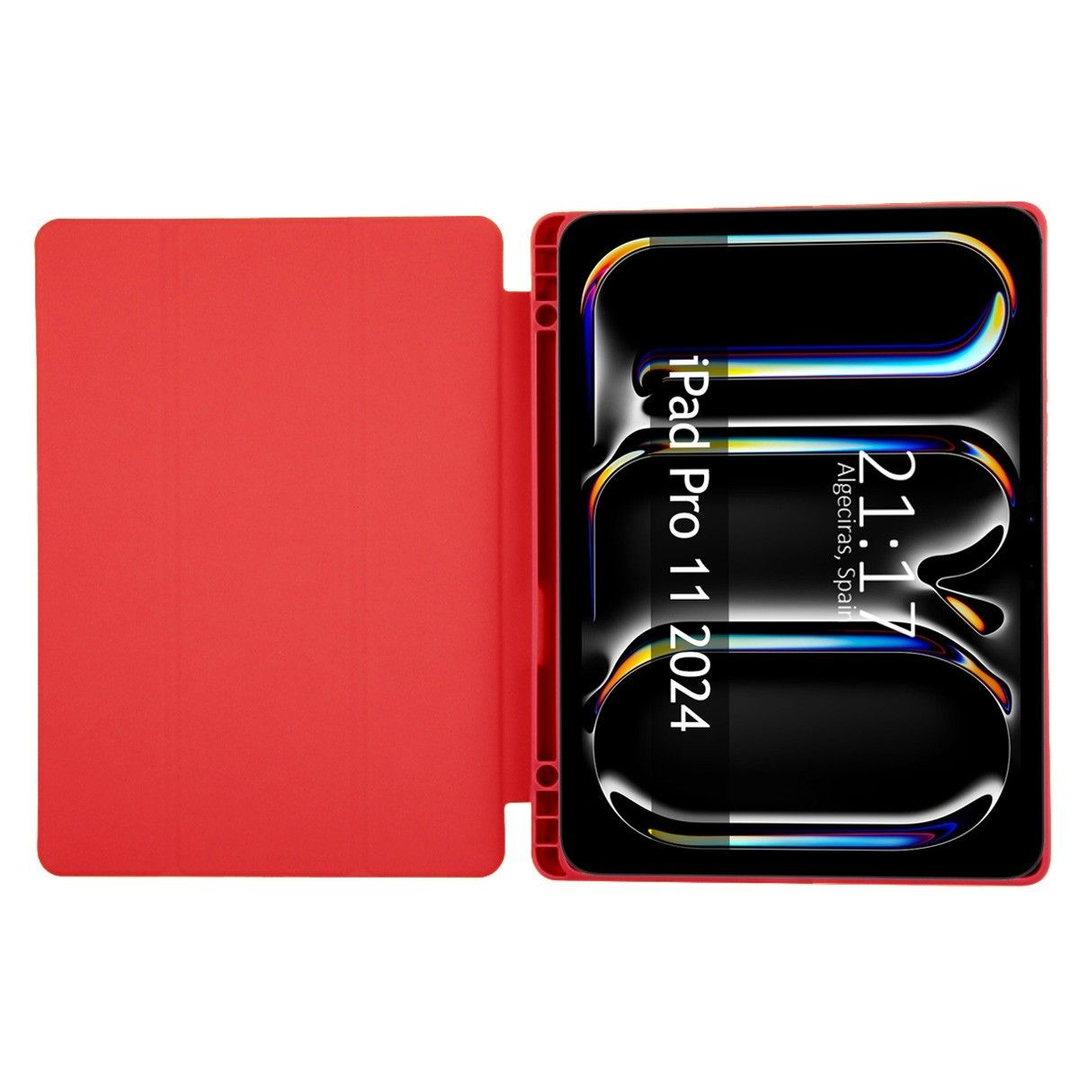 Pantalla de tableta que muestra la hora y el diseño, en una funda roja. La funda está abierta.
