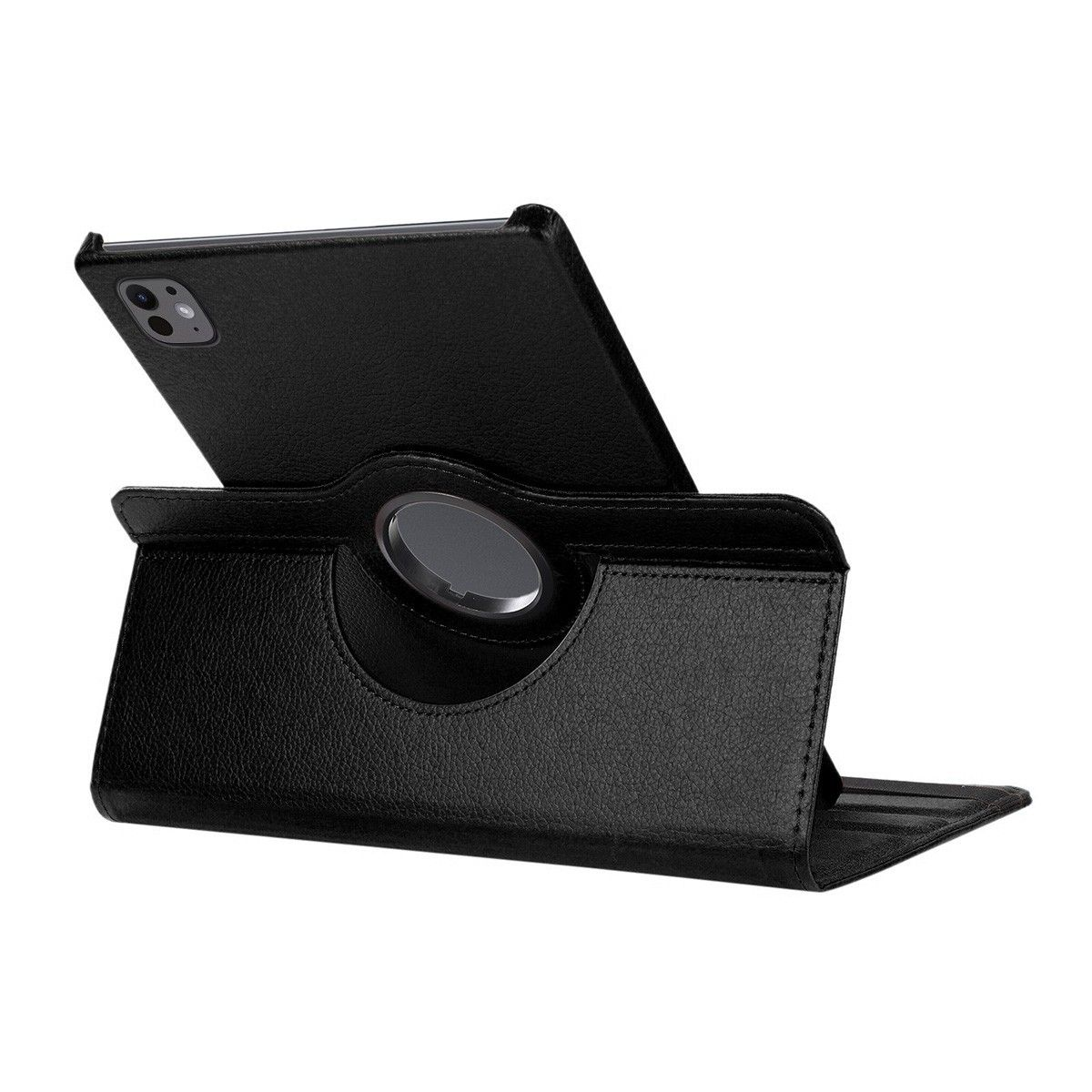 Funda negra para tablet abierta, de pie. La tablet es visible. Fondo blanco.