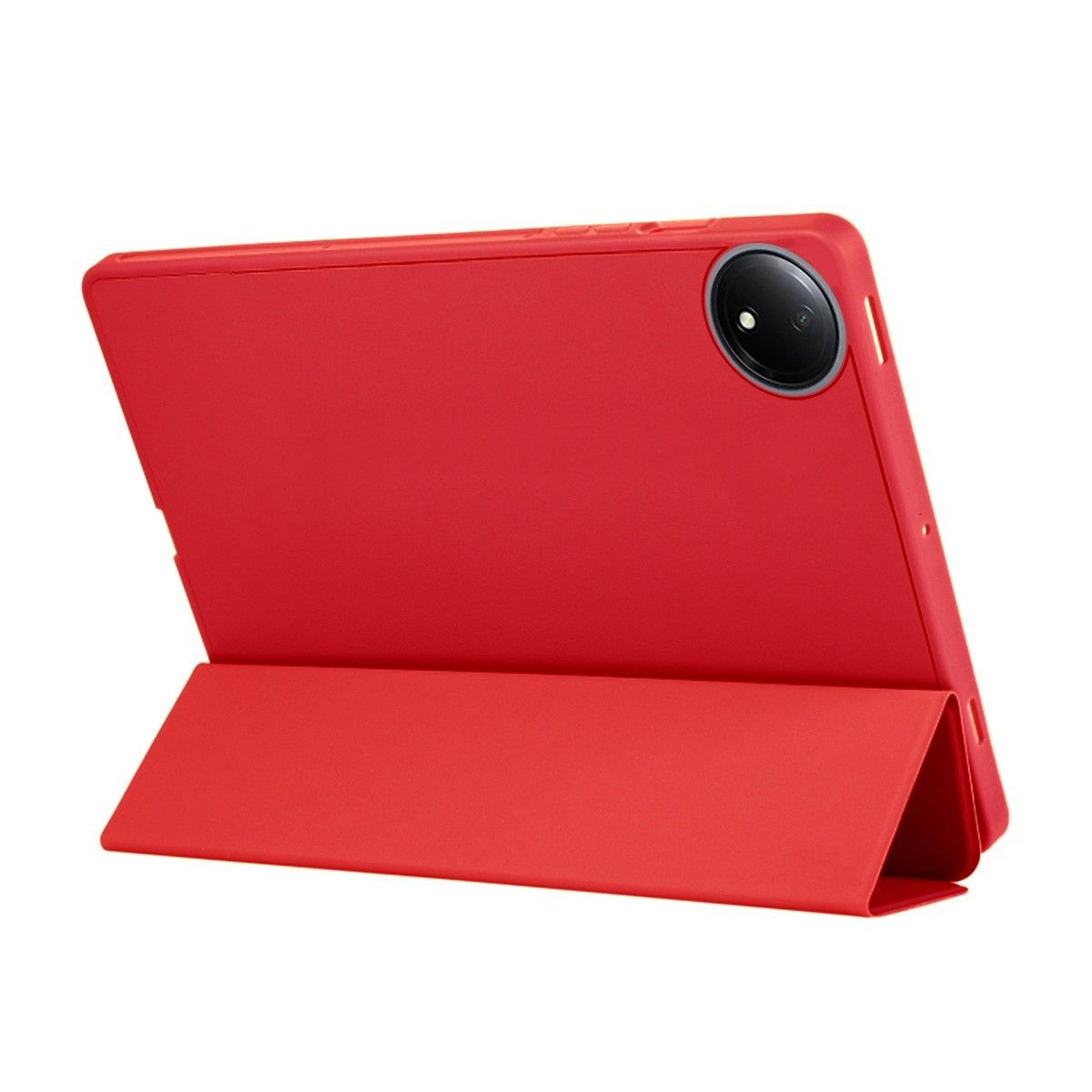 Tablet rosso in custodia rossa su sfondo bianco.