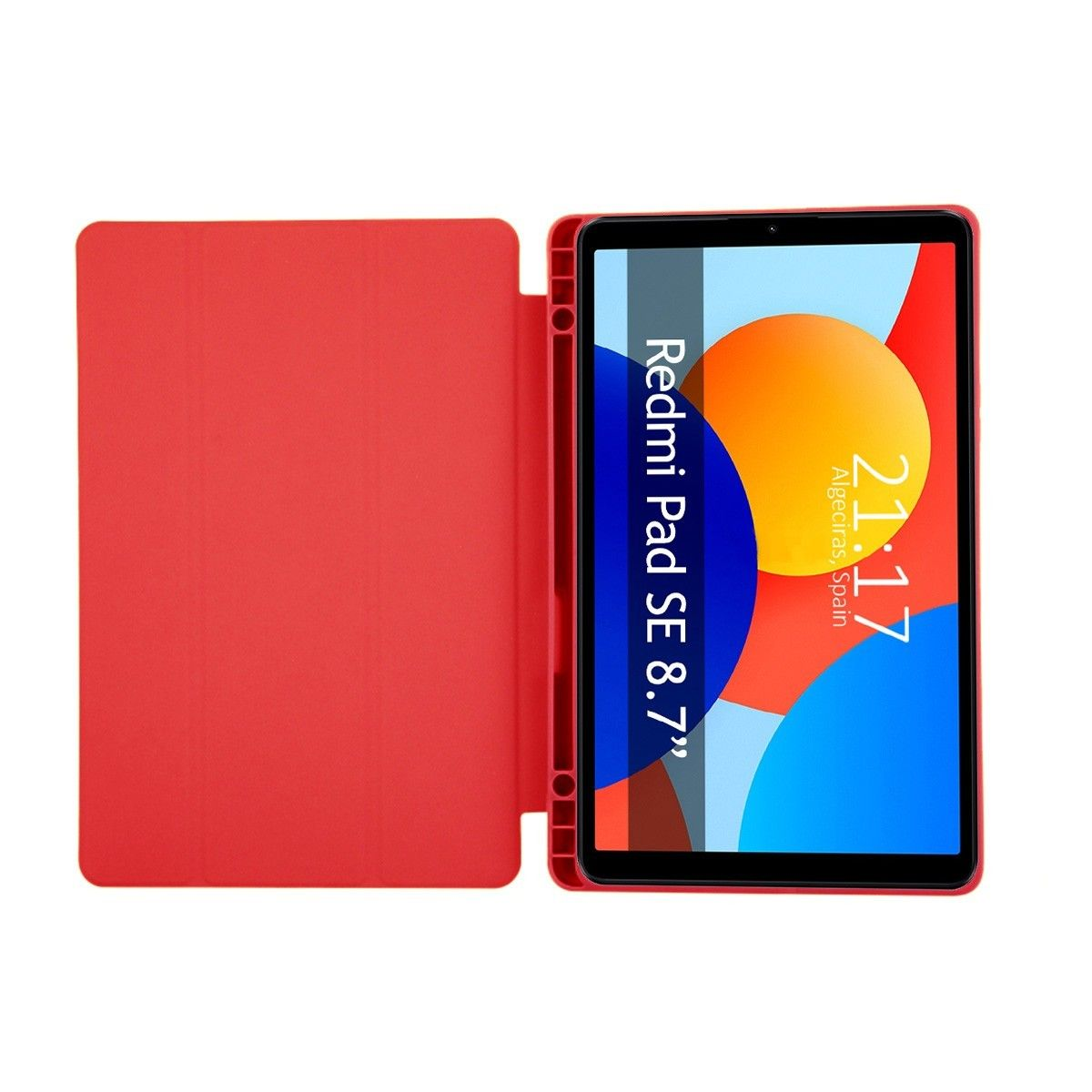 Tablet rosso con custodia aperta. Lo schermo mostra l'ora e il nome del tablet.