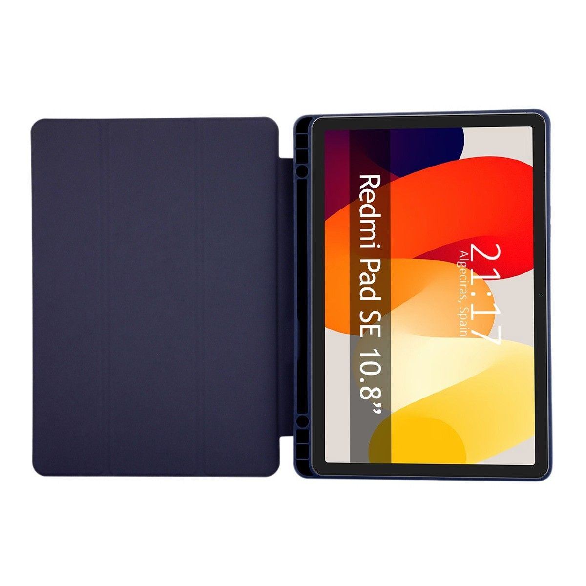 Una tableta azul marino con funda, que muestra un reloj y el texto Redmi Pad SE 10.8" en la pantalla.