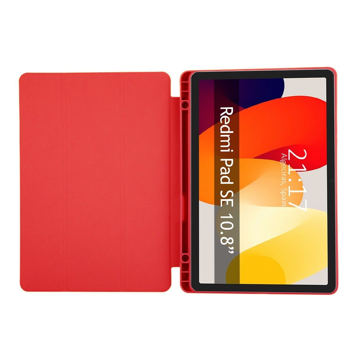 Redmi Pad SE 10.8" en una funda roja, abierto. La pantalla muestra color naranja.