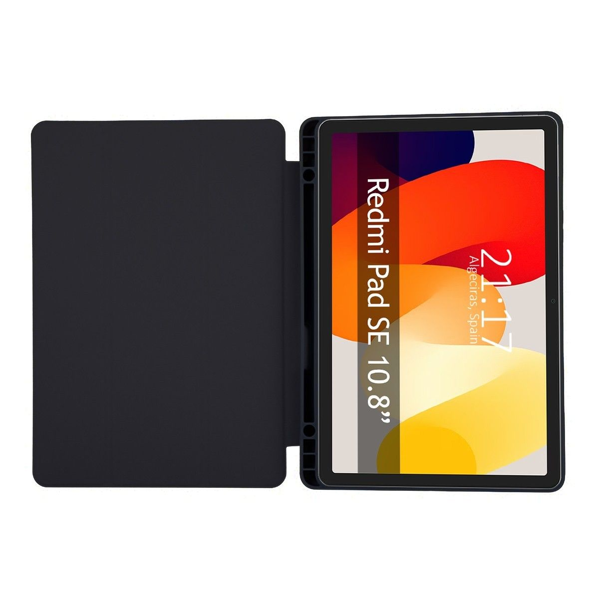 Tableta negra en una funda negra, mostrando una pantalla con texto.