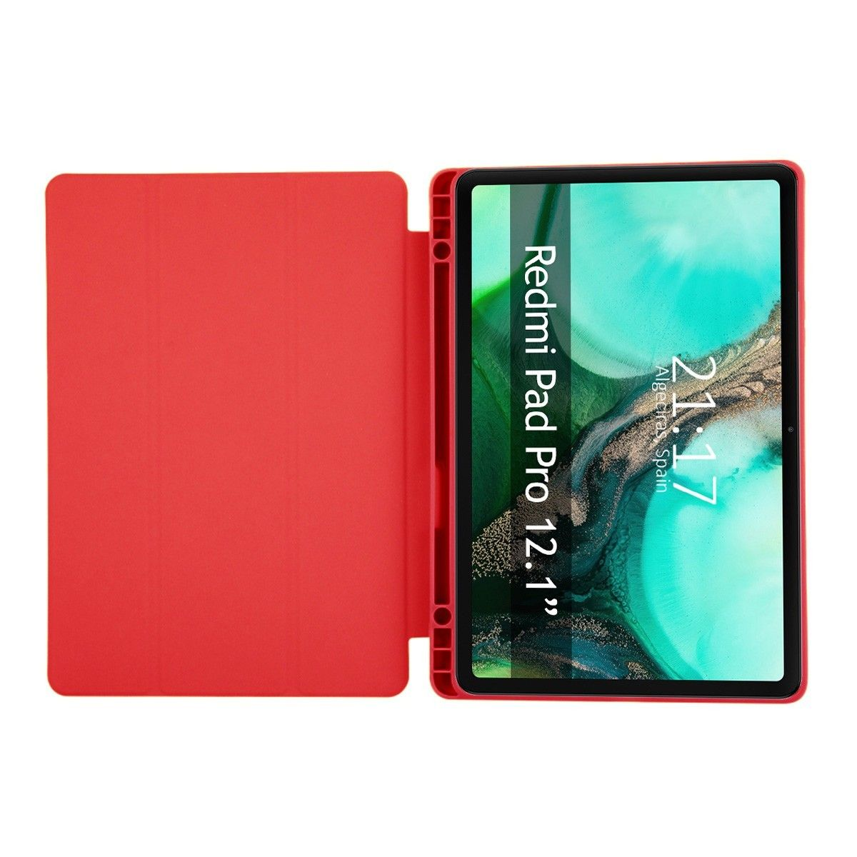 Tablet Redmi con custodia rossa. Lo schermo mostra ora, data e le parole 'Redmi Pad Pro'.
