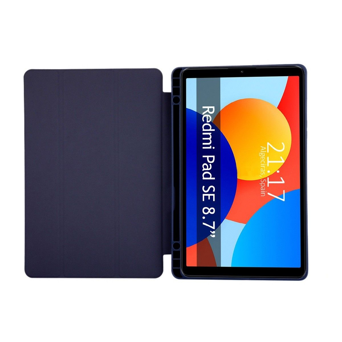 Tableta Redmi con funda azul abierta, mostrando pantalla colorida.