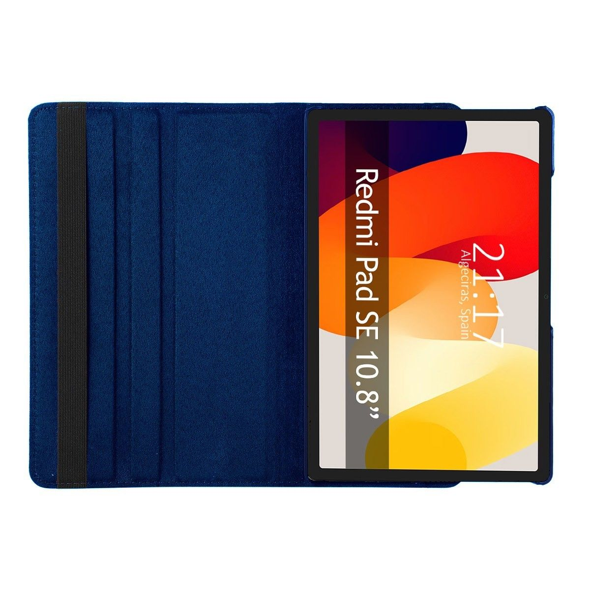 Tablet Redmi Pad SE 10.8" en funda azul. Pantalla muestra hora y fecha. Fondo blanco.