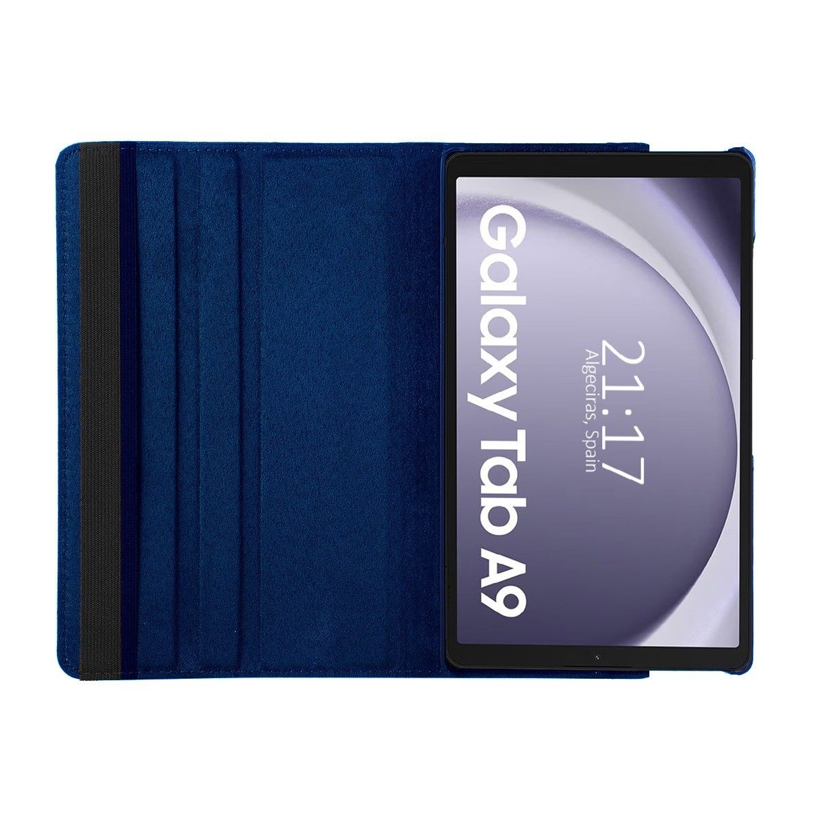 Custodia blu per tablet con tablet all'interno, che mostra l'ora. 'Galaxy Tab A9' è visibile.