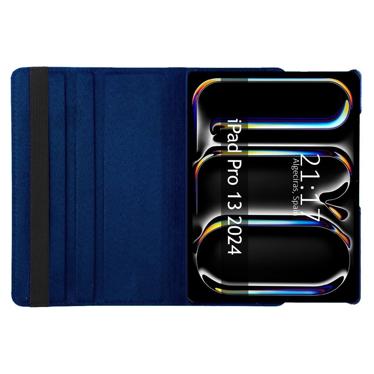Funda azul para tableta con tapa abierta. Tableta muestra 'iPad Pro 13 2024' y la hora.