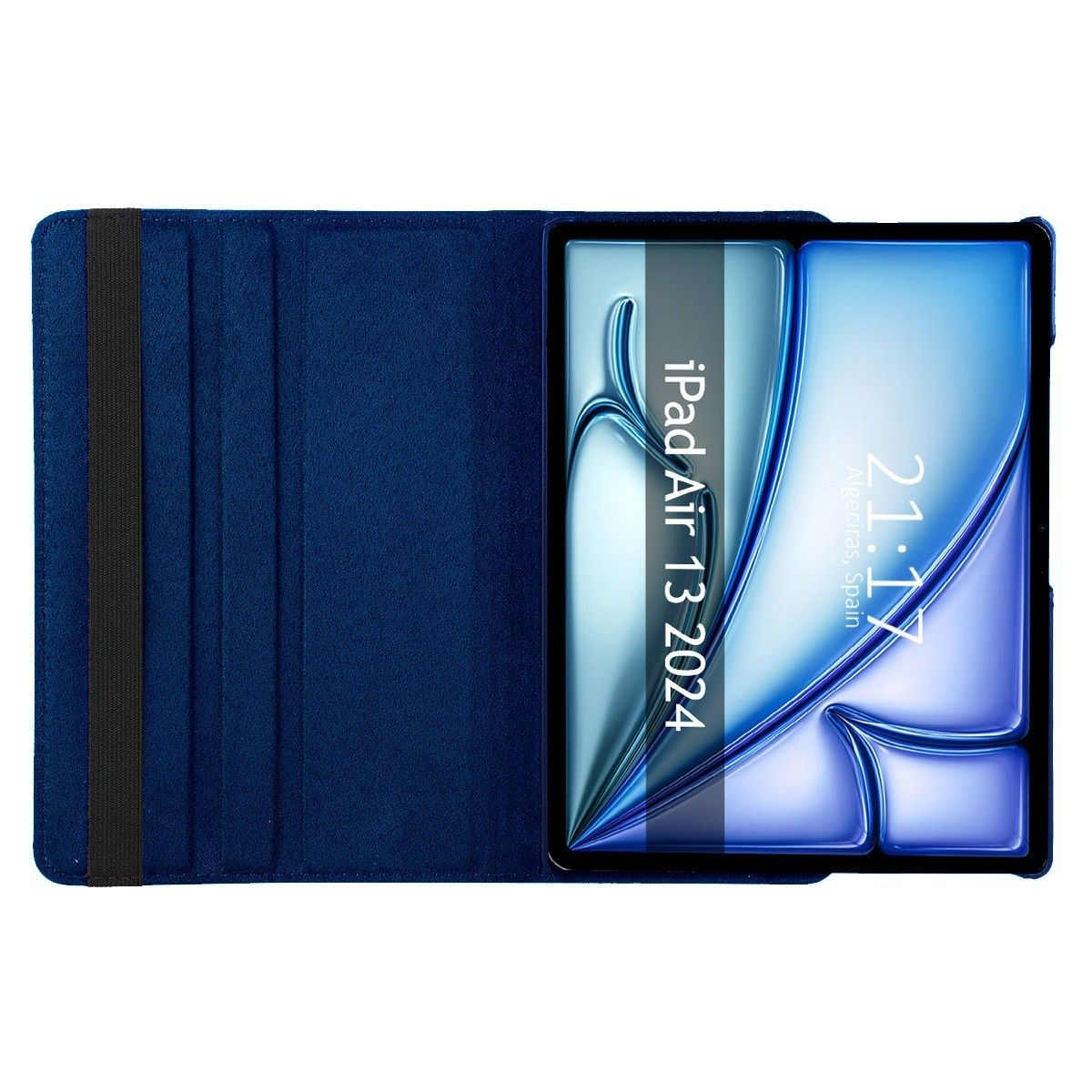 Tablet in custodia blu, mostra ora e data su schermo blu.