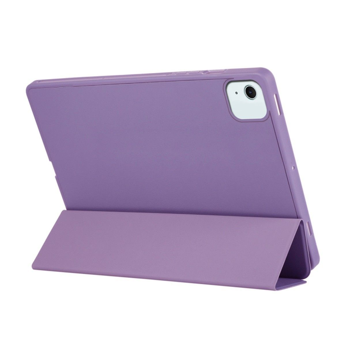 Custodia per tablet viola con supporto. Tablet visibile. Sfondo bianco.