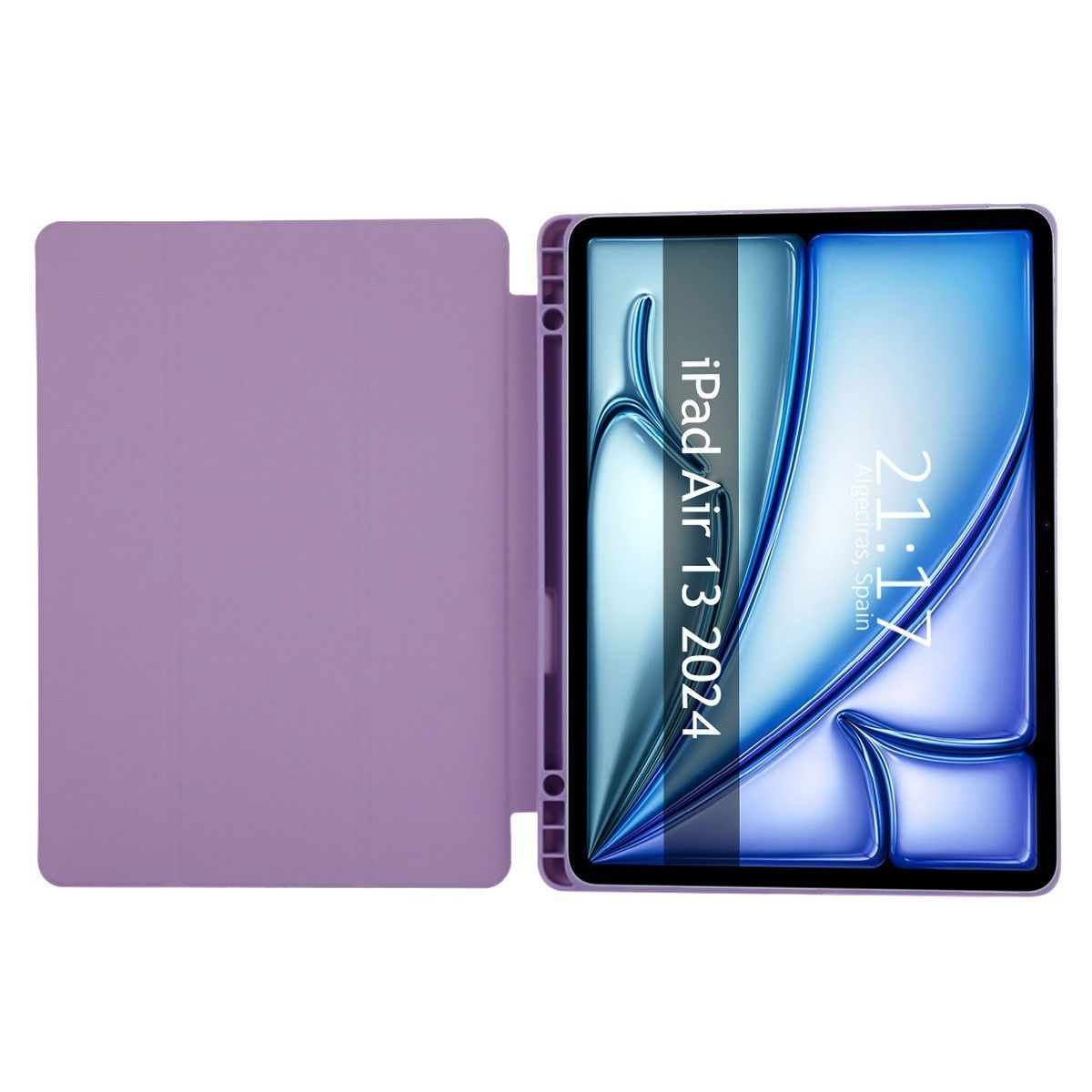 Tablet viola con custodia, schermo che mostra l'ora.