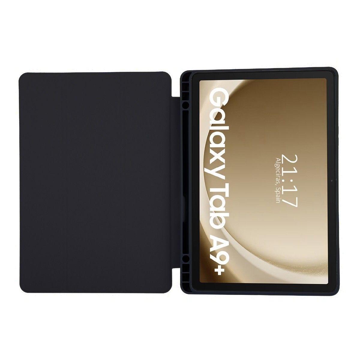 Una tableta negra con funda, que muestra un reloj y el texto Galaxy Tab A9+ en la pantalla.