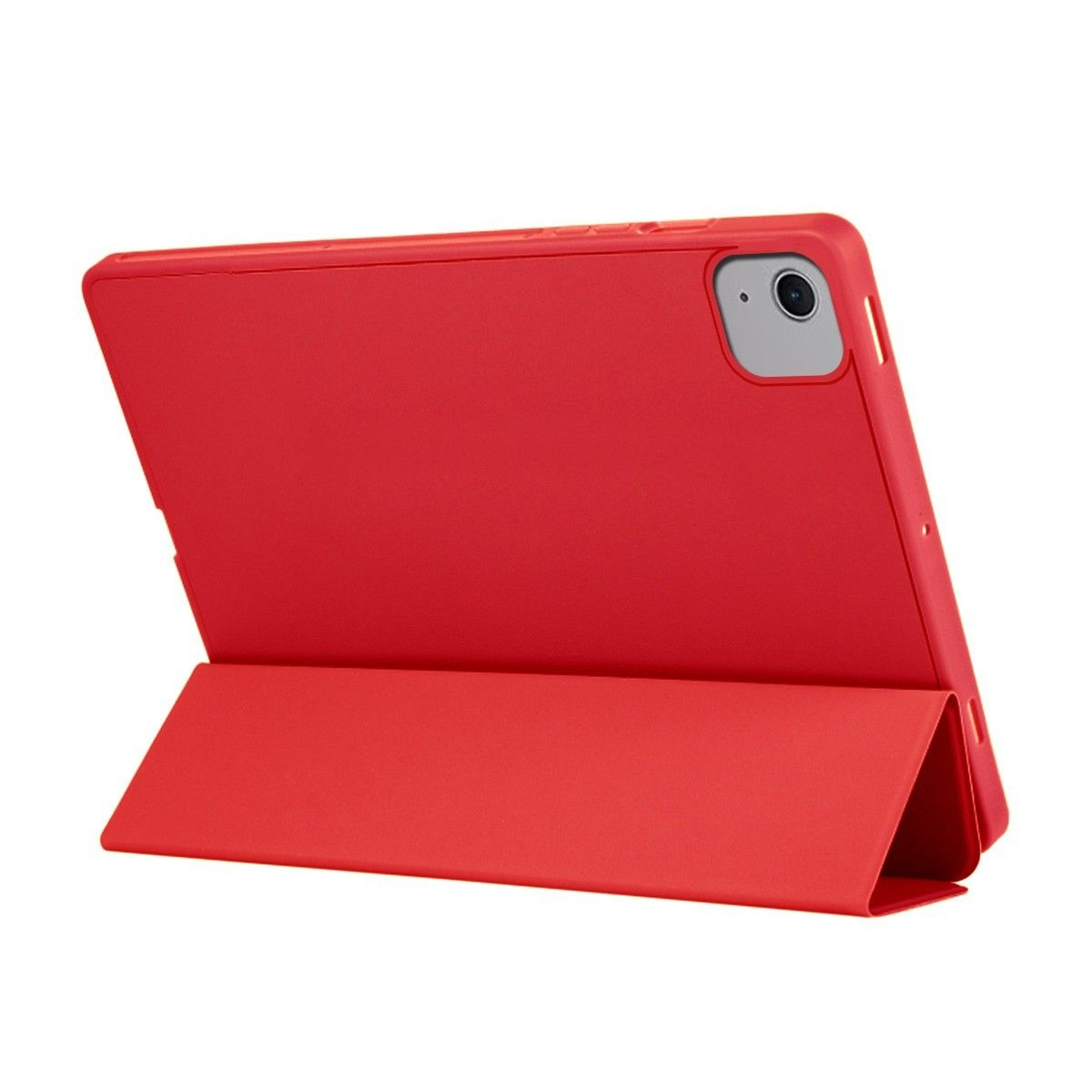 Una funda roja de tableta, abierta, con la cámara visible, sobre un fondo blanco.