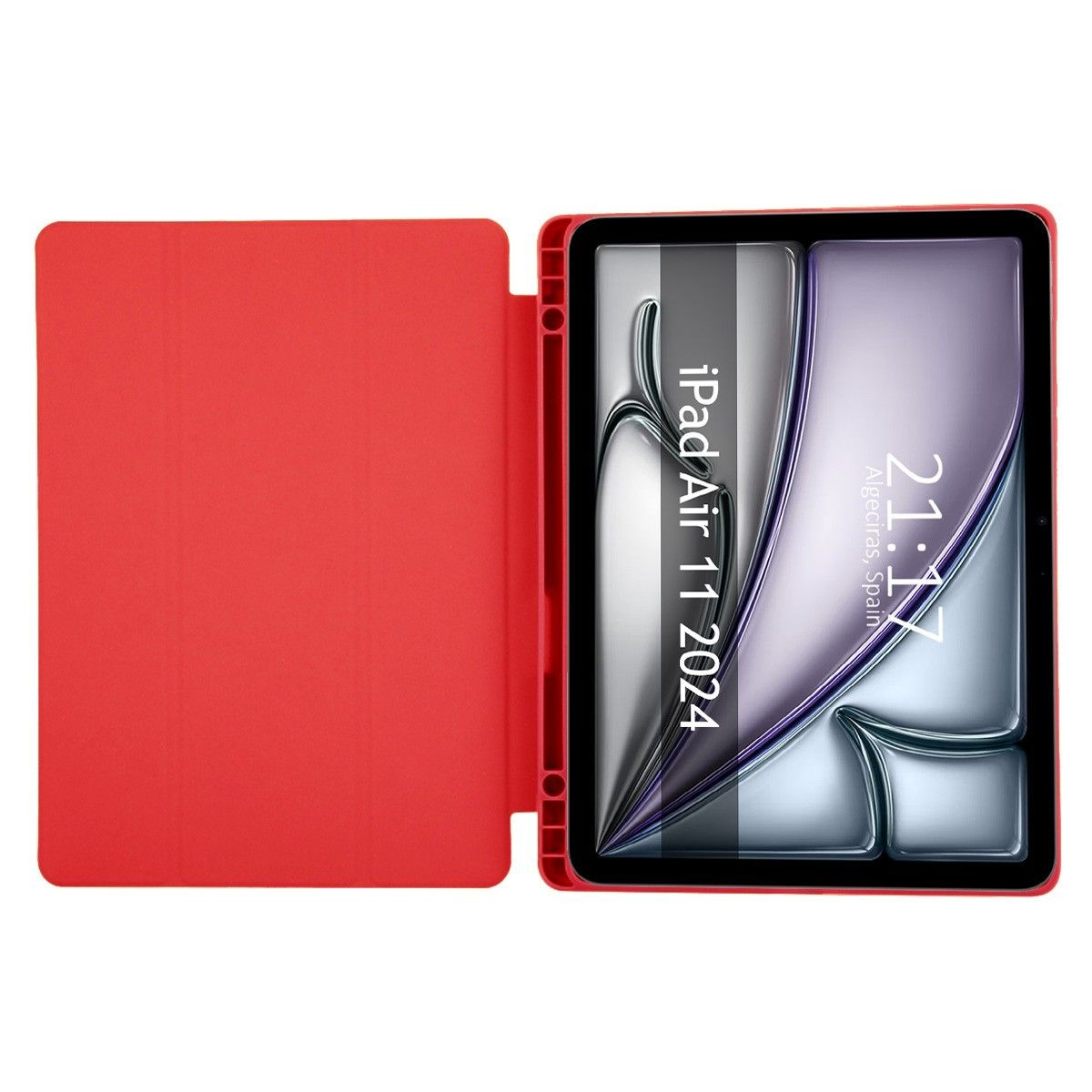 Funda roja con un iPad Air 11 2024 que muestra la hora 21:17. El iPad está apoyado en la funda abierta.