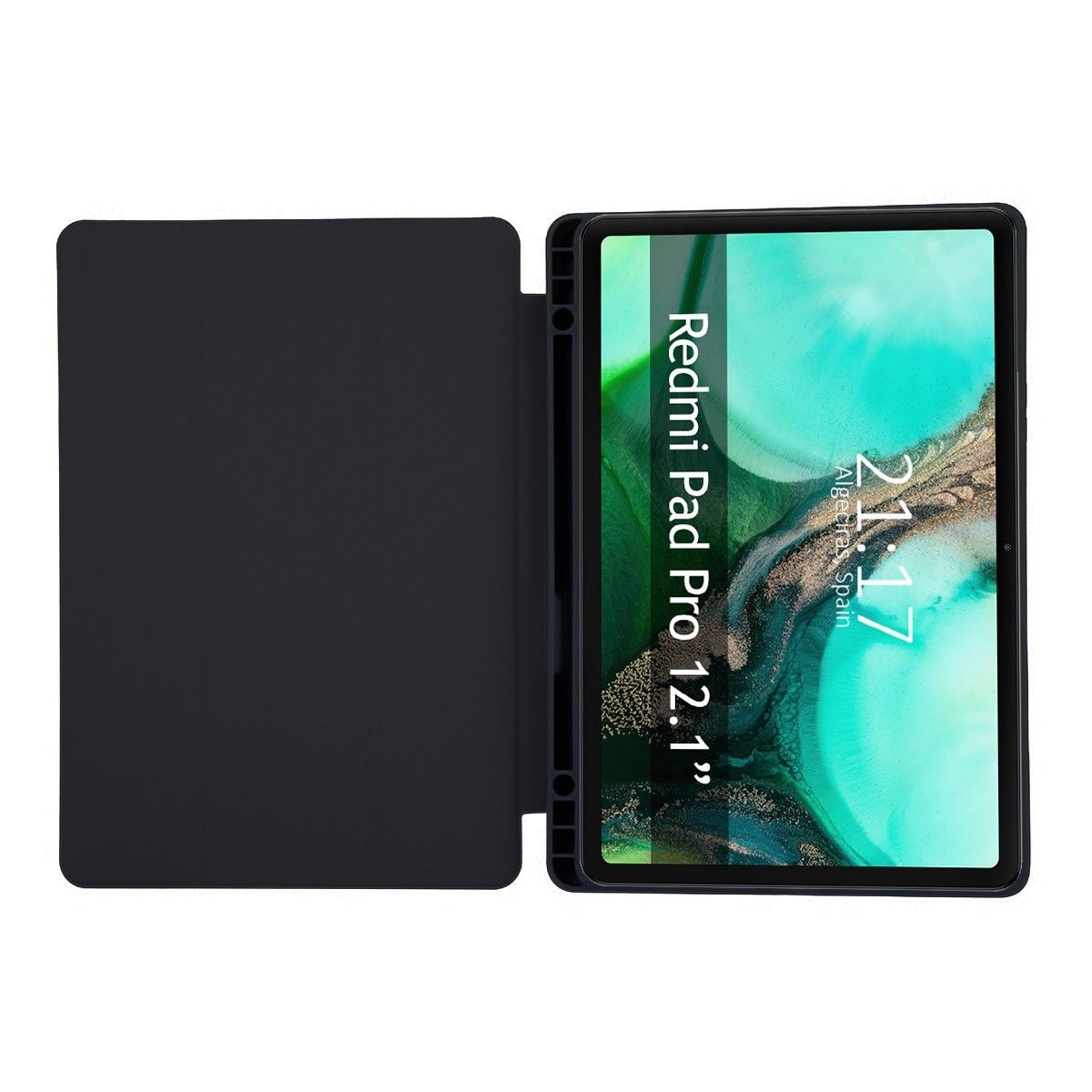 Un tablet nero con custodia, lo schermo mostra un'immagine della natura.