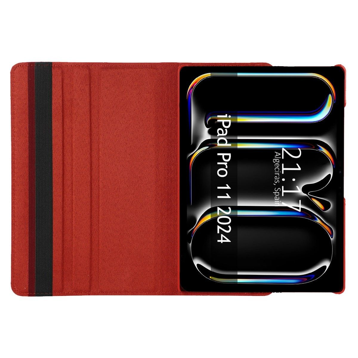 Funda de tableta roja abierta, mostrando una tableta con un reloj que dice 21:17. Fondo blanco.
