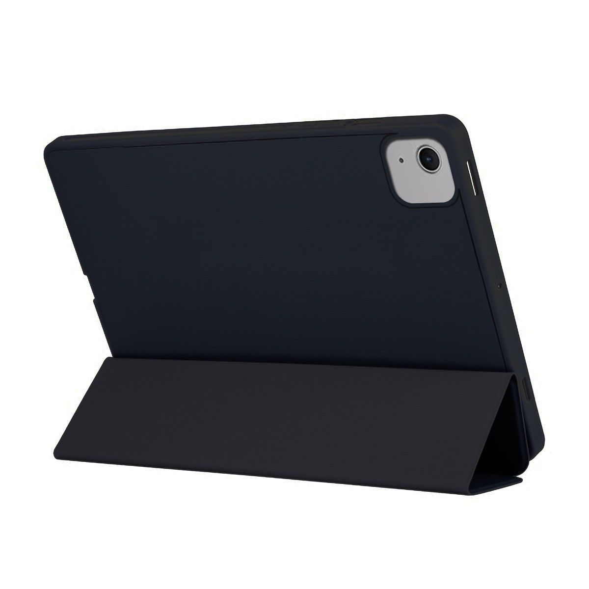 Tableta negra en una funda, en ángulo. La funda está plegada para crear un soporte sobre blanco.