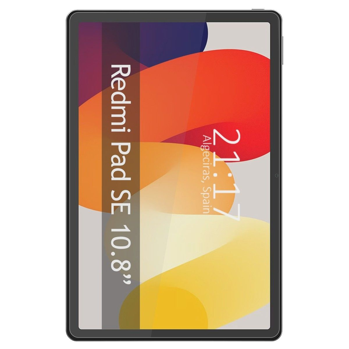 Pantalla de tableta que muestra un diseño rojo, naranja y amarillo. Texto: 'Redmi Pad SE 10.8'''.
