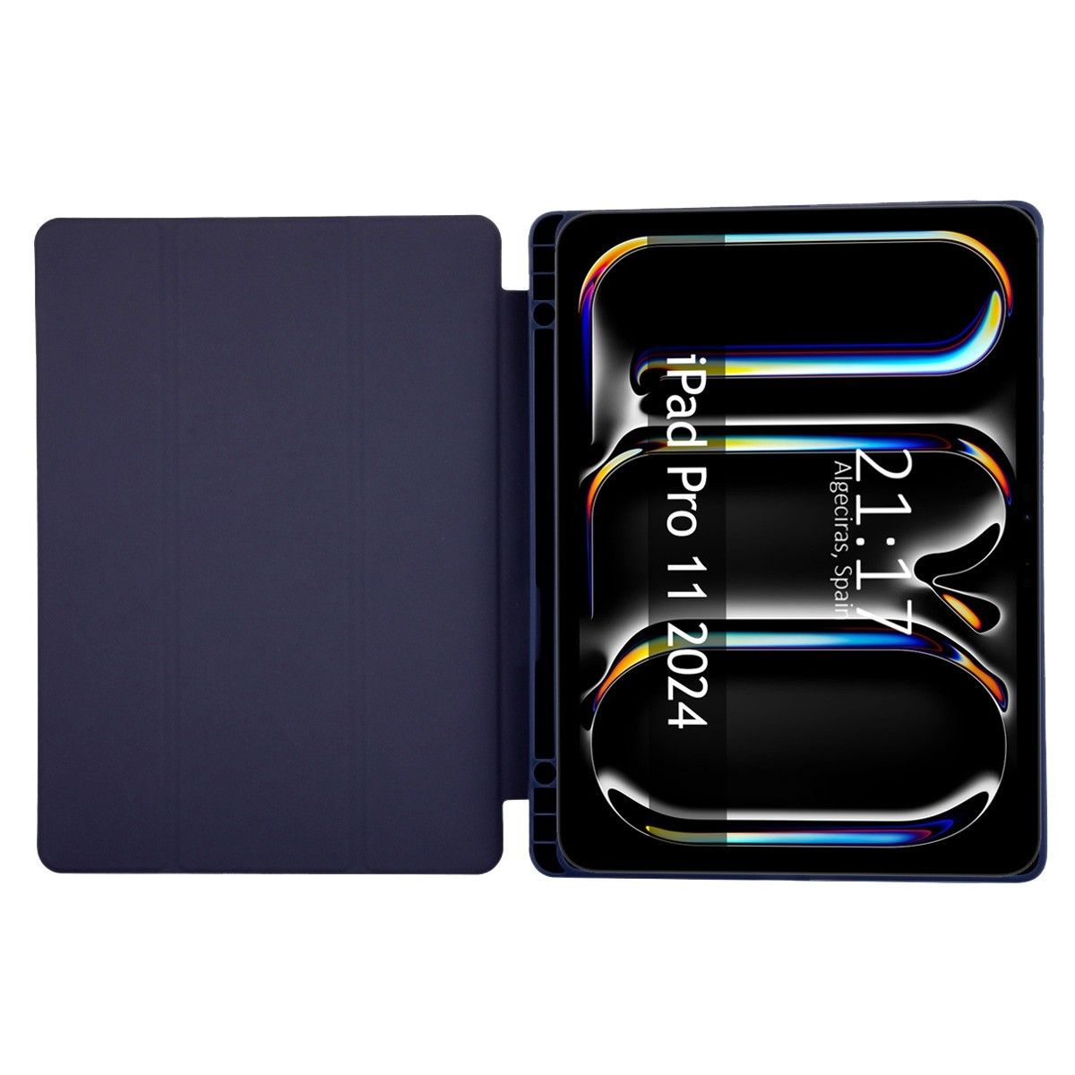 Funda azul para tableta con una tableta. La tableta está abierta, con una pantalla colorida que muestra la hora y el texto.