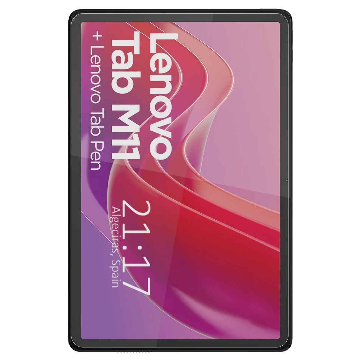Tablet Lenovo con testo. Sfondo sfumato rosso e rosa.
