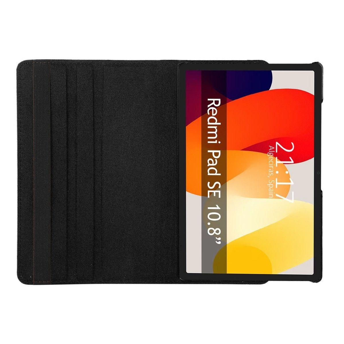 Redmi Pad SE 10.8" en funda negra, abierto. La pantalla muestra color naranja.