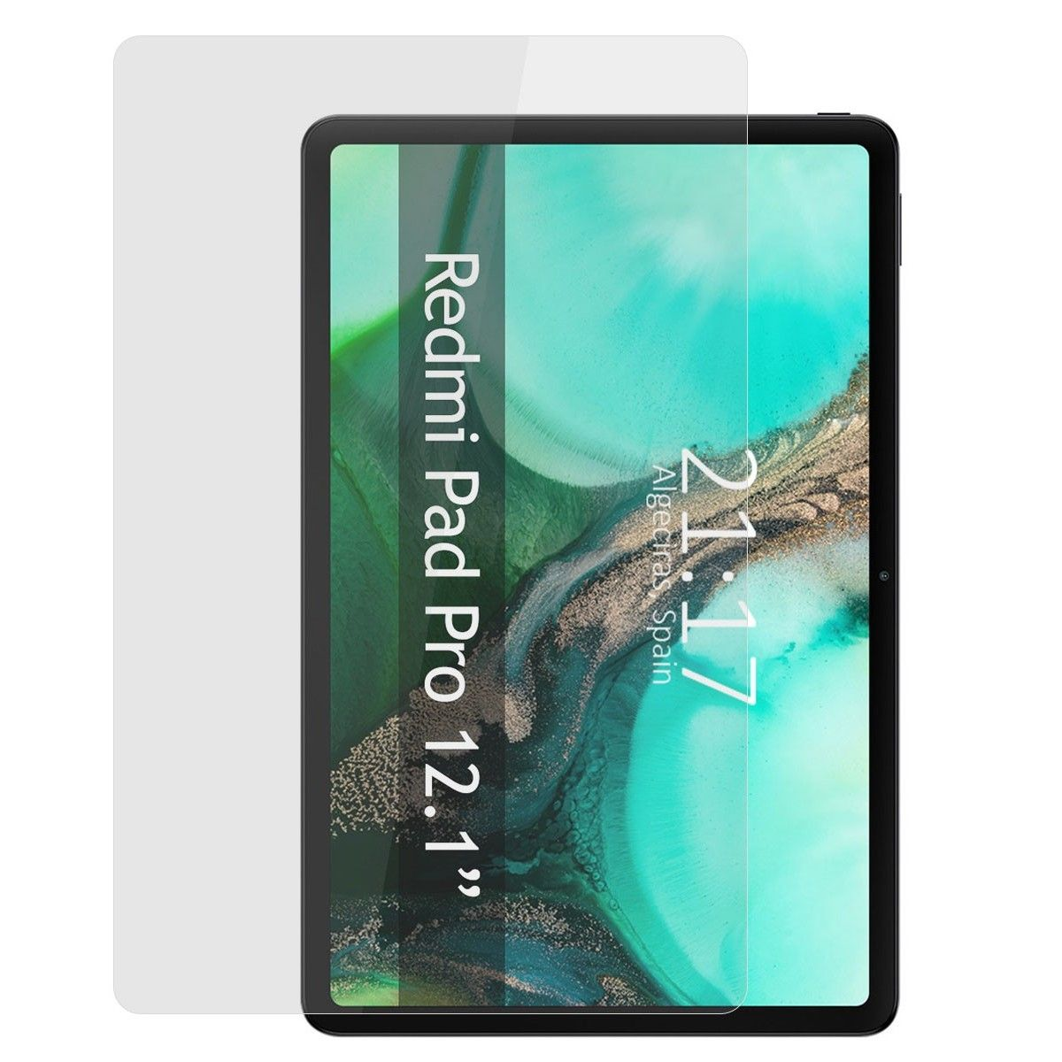 Tableta negra con protector de pantalla. La pantalla muestra la hora y texto. Fondo blanco.