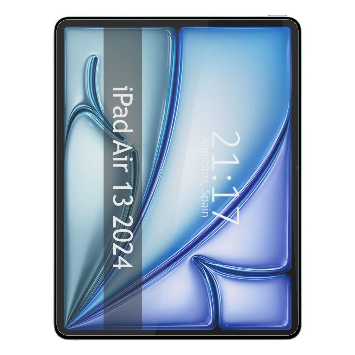 Pantalla de iPad con texto sobre fondo azul y plata, con marco negro.