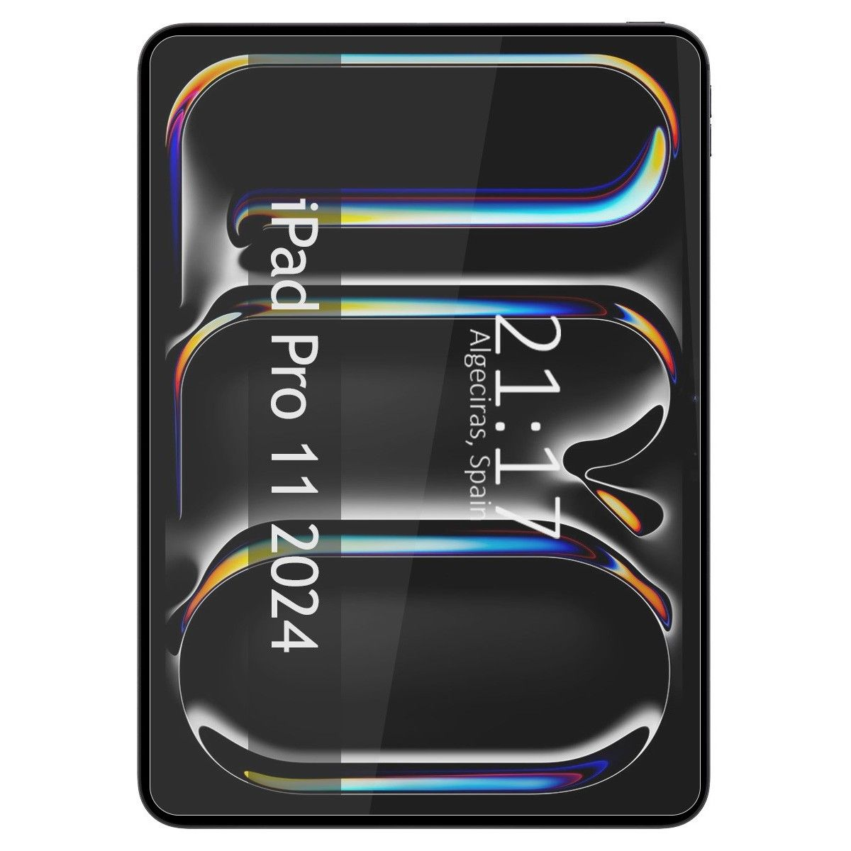 Pantalla del iPad Pro 11 2024 mostrando hora y ubicación. Pantalla negra. Fondo blanco.