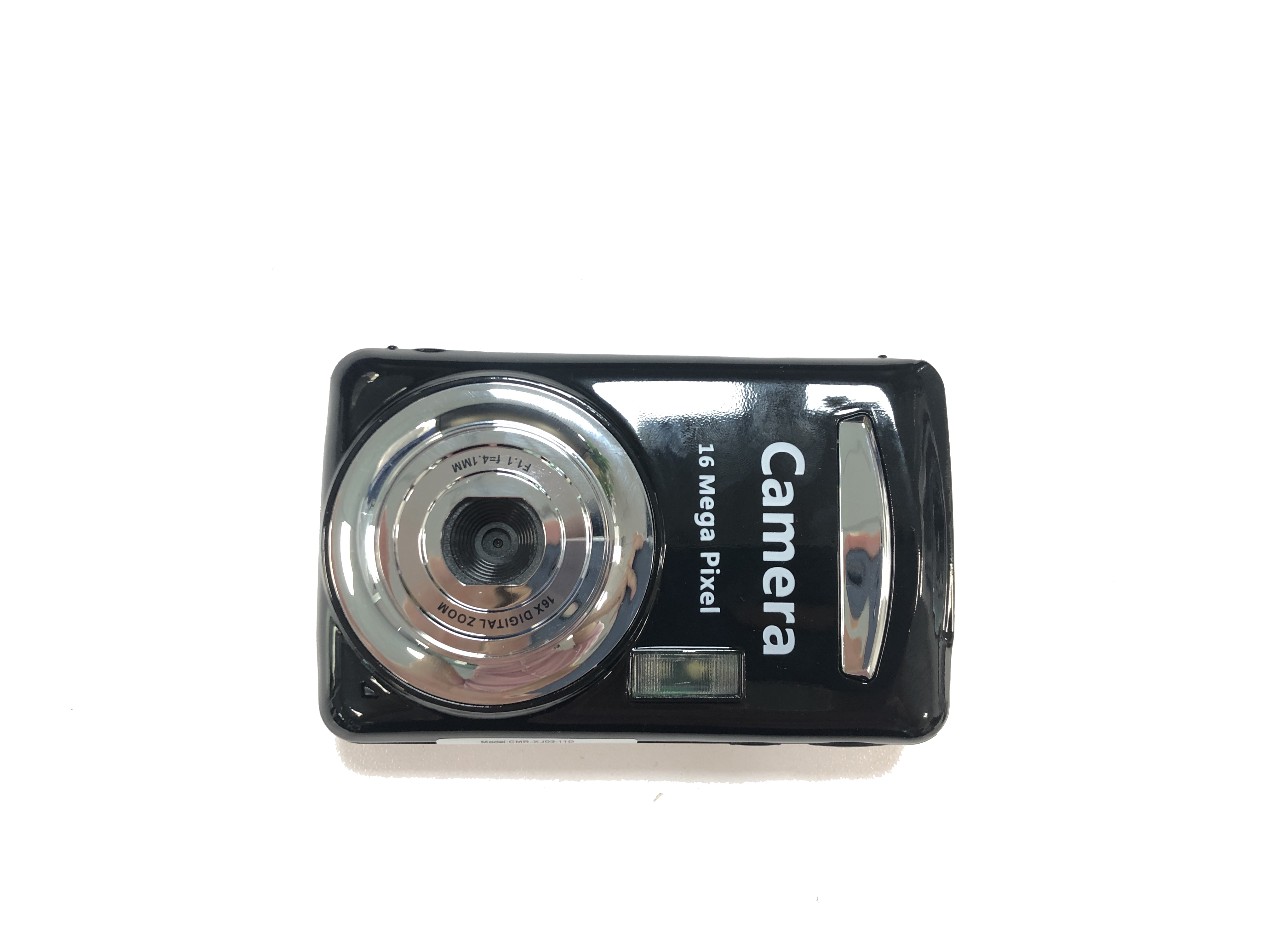 Czarny aparat z srebrnym obiektywem i napisami 'Camera' oraz '16 Mega Pixel' na przodzie.