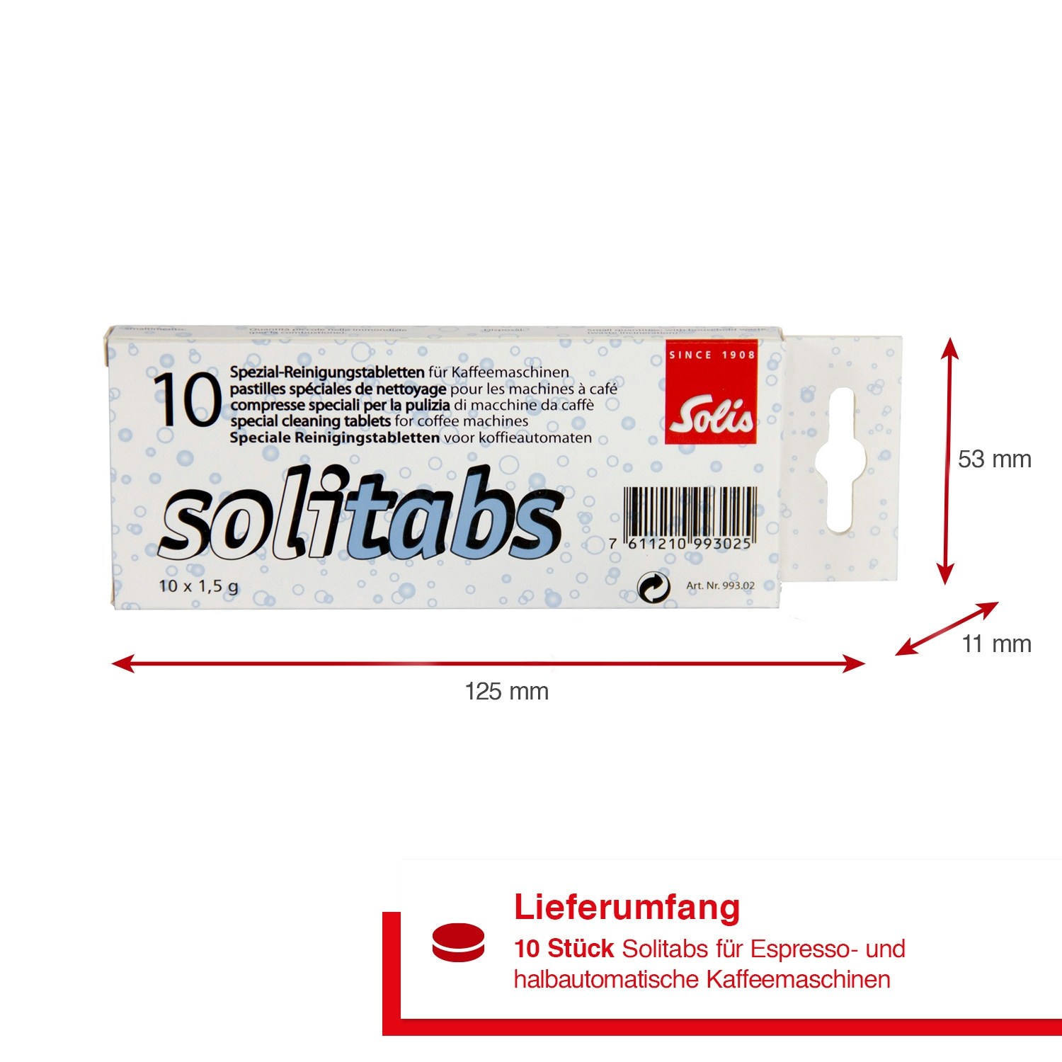 Schachtel mit Solitabs Reinigungstabletten für Espressomaschinen mit Abmessungen.