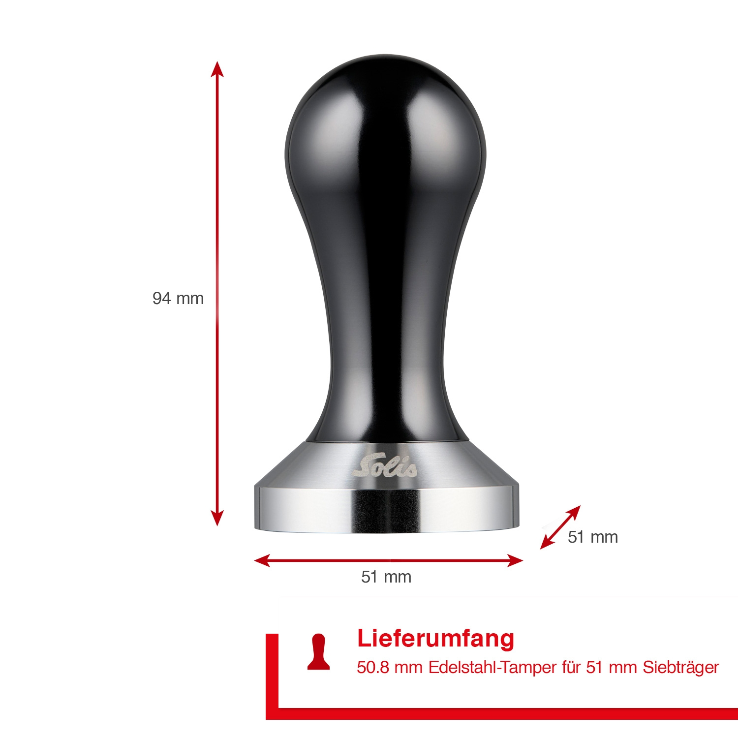 Ein schwarzer und silberner Solis Kaffee-Tamper mit den Abmessungen 94 mm Höhe und 51 mm Durchmesser.
