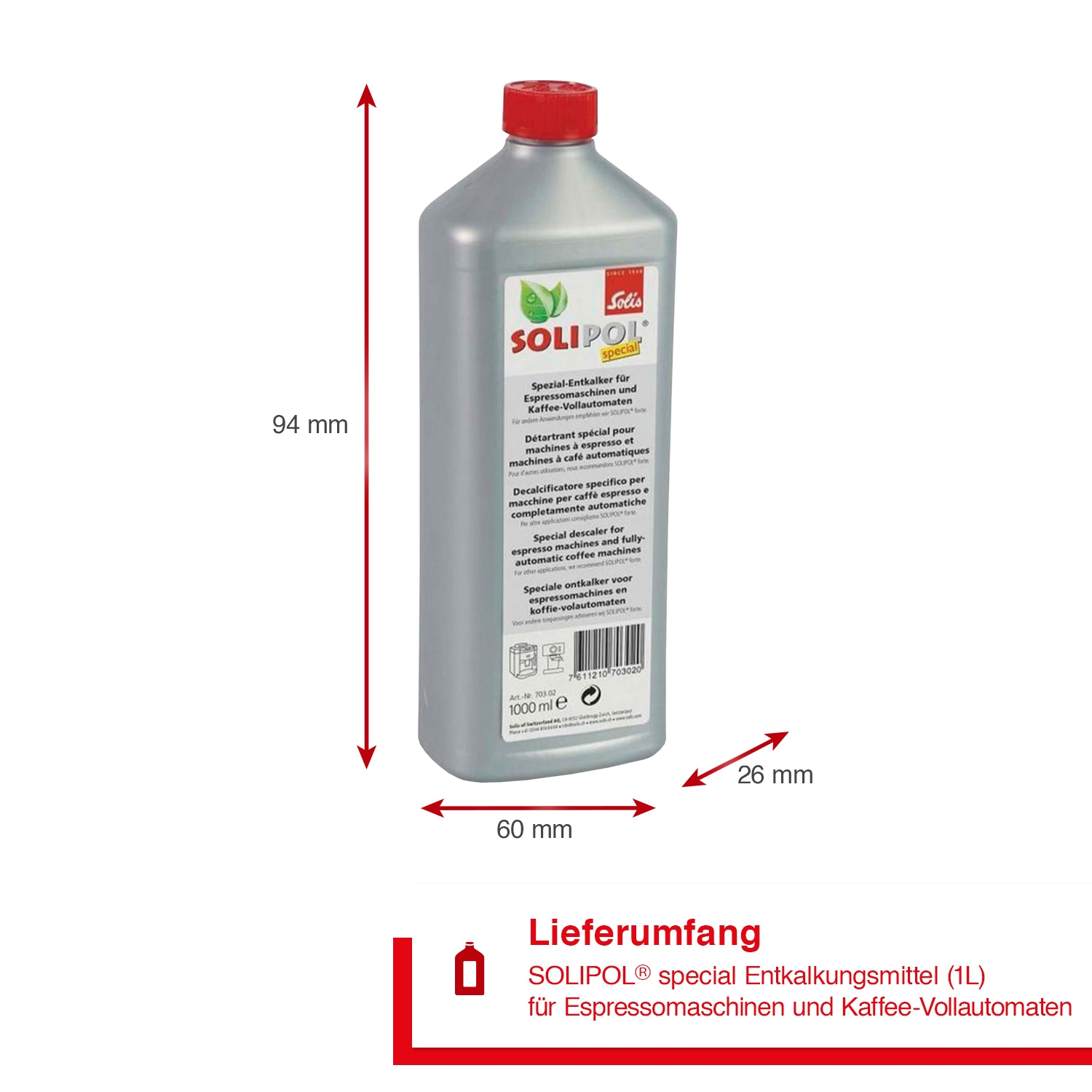 Flasche Entkalker für Espressomaschinen, Maße: 94 mm hoch, 60 mm breit und 26 mm dick.