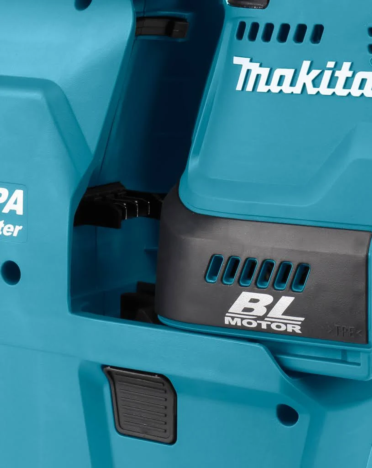 Narzędzie Makita w kolorze morskim i czarnym z etykietą BL Motor. Zdjęcie jest zbliżeniem.