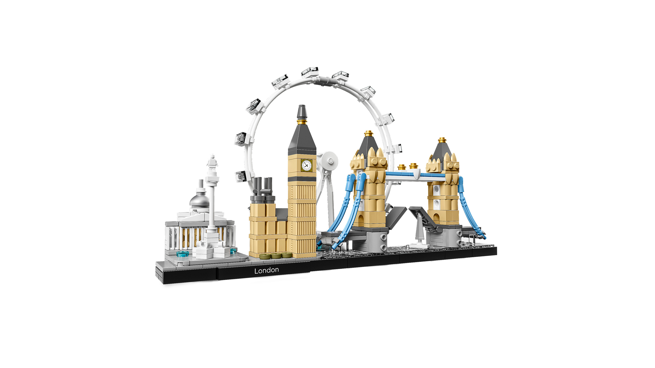 Zestaw Lego z Londynem, z London Eye, Big Ben i Tower Bridge. Białe tło.